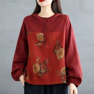 FLOWER PRINT STITCH HOODED HALF BUTTON PULLOVER SHIRT 3colors M-14817