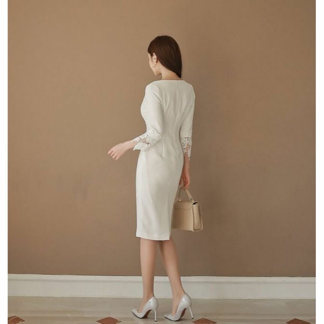 レディース XL ホワイト 白 袖レース タイト ひざ丈 ワンピース 7分袖