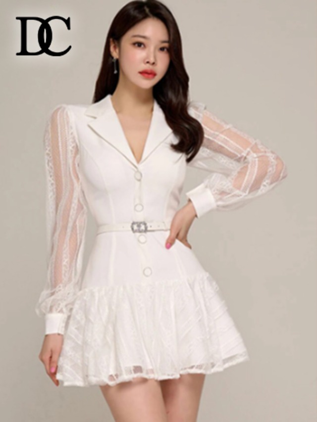 《プチプラ》シースルー 袖付きミニフレアドレス/キャバドレス/韓国ドレス