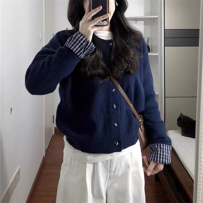 【tops】チェック柄ドッキングニットカーディガン Q6249