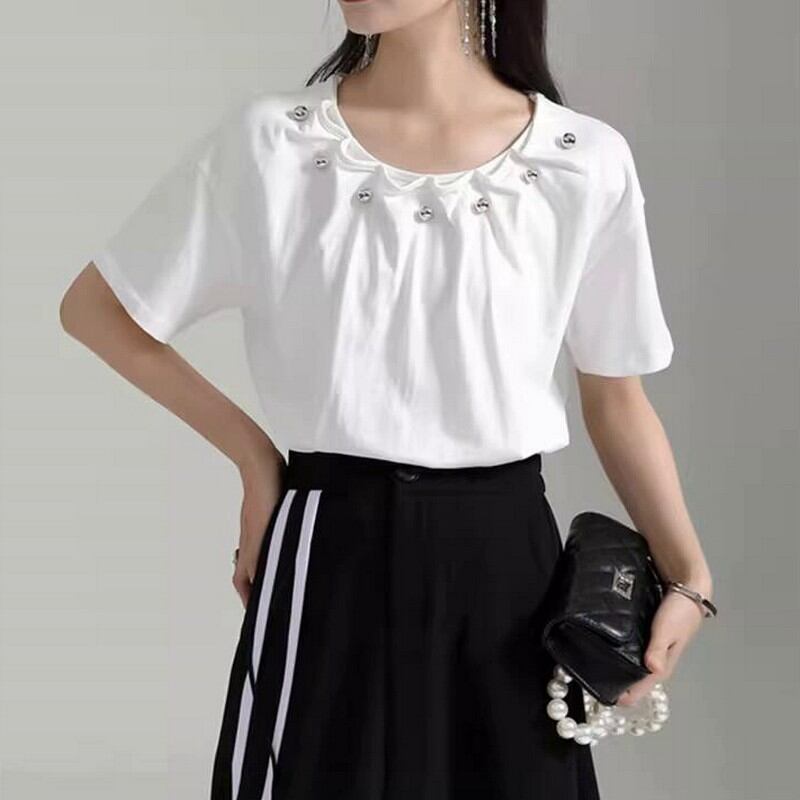 ラウンドネックビーズTシャツ A0227