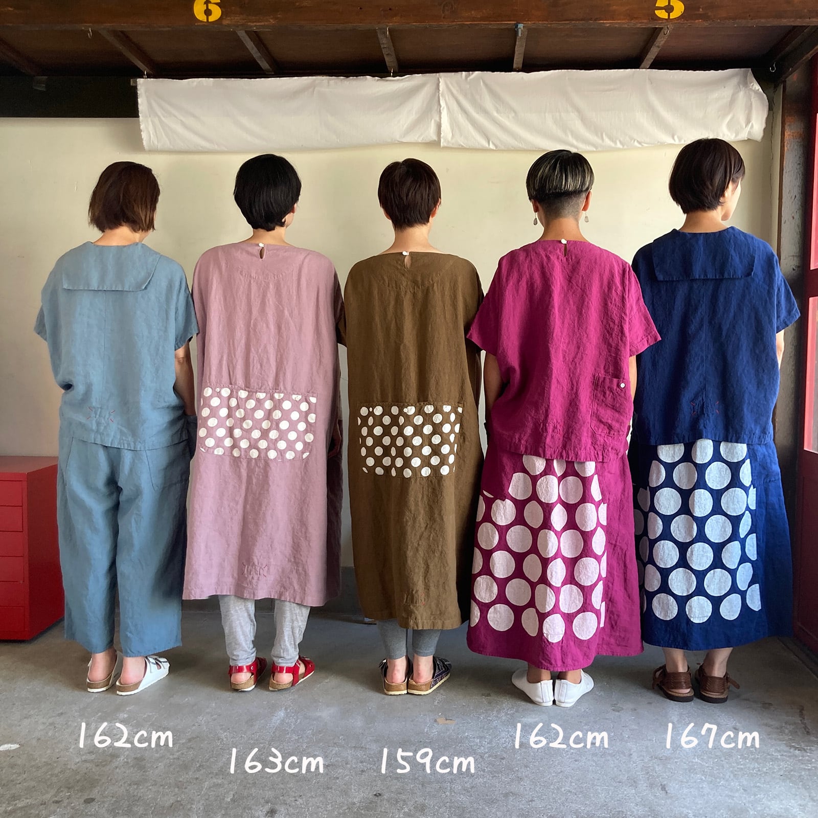 後ろポケ半袖ワンピース Girl'sベルギーリネン大きな水玉 61OP19