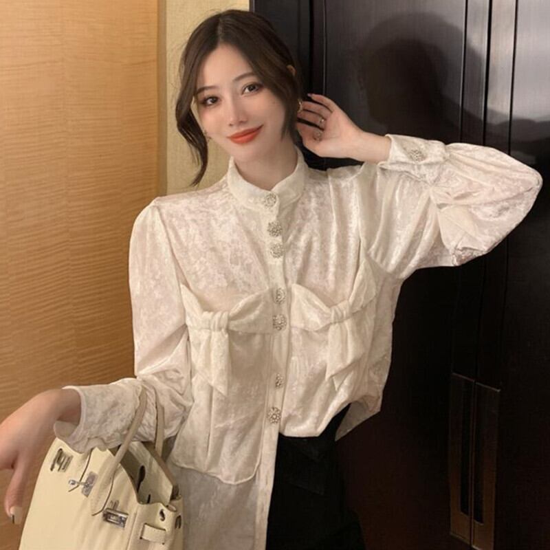 スタンダードスタイルベルベットホワイトシャツ オータムルーズトップス ロング レトロ 秋物 ガールズファッション57053971754