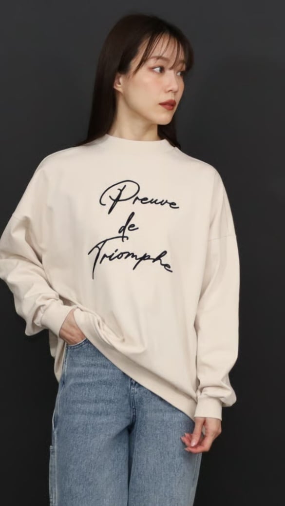 MARIE D‘OR 立体刺繍 切替クルーネック ロングスリーブT No.25465 アイボリーベージュ ブラック チャコール 9号 フリーサイズ マリードール