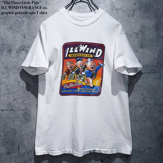 "The Three Little Pigs"ILL WIND INSURANCE co. graphic print design T shirt