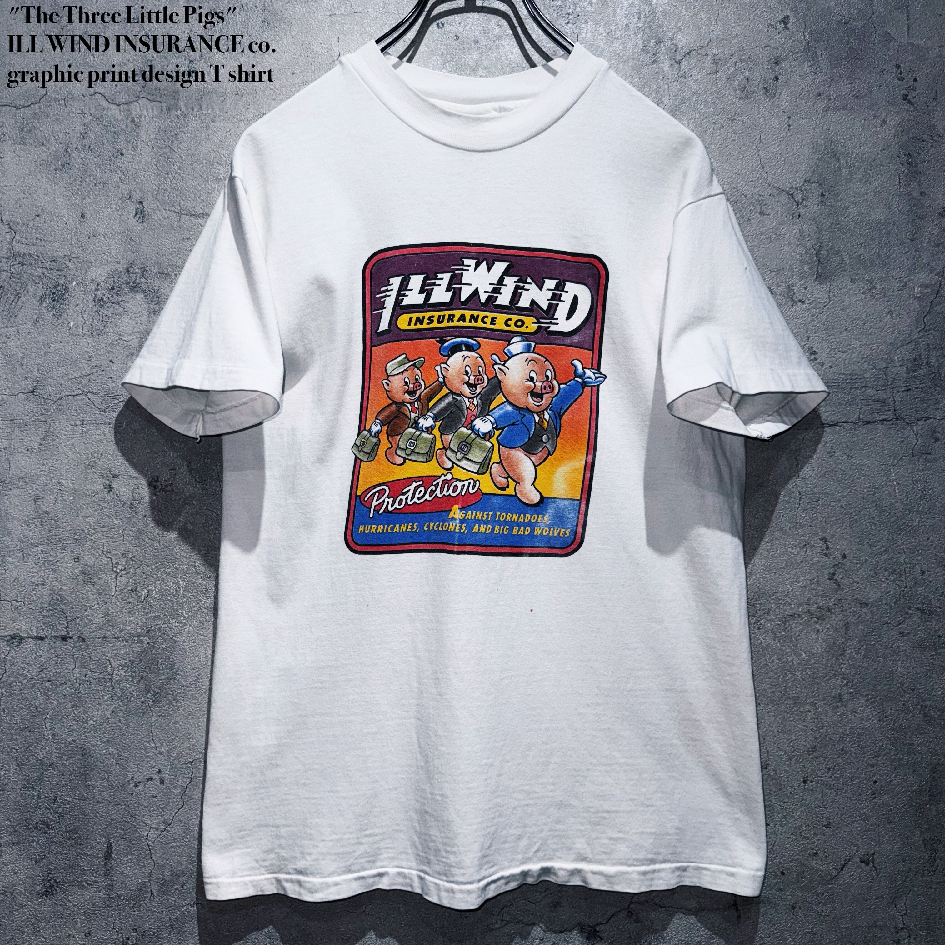 "The Three Little Pigs"ILL WIND INSURANCE co. graphic print design T shirt