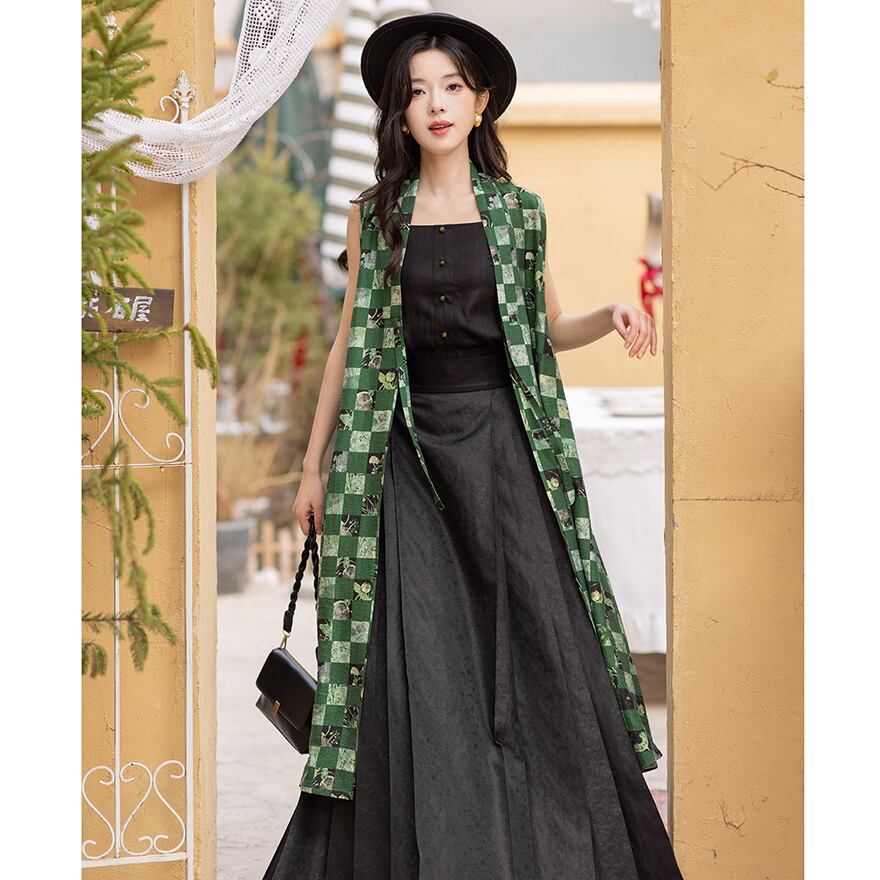 中華ゴシック ロングスカート プリーツ 伸縮ウエスト 池夏オリジナル 夏服 Y2Kファッション ストリートファッション