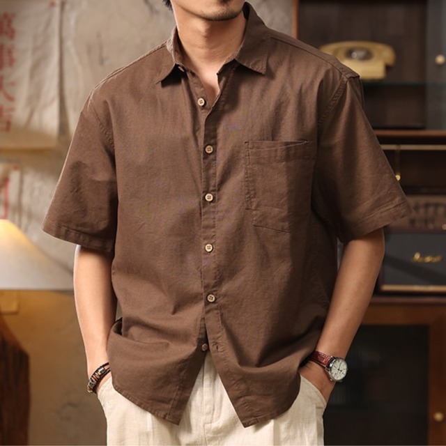Single pocket vintage linen shirt( 2color )