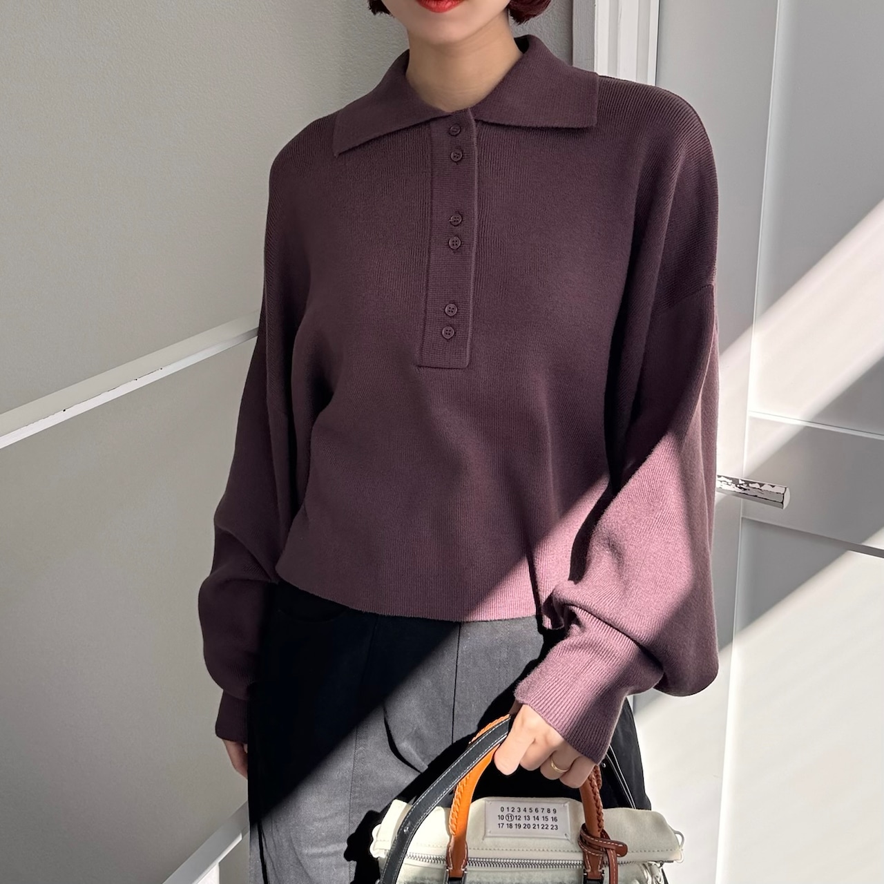 オーバーショートポロknit/マロン