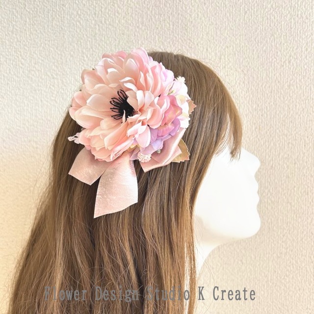 ピンクのダリアと薔薇のヘアクリップ　入学式　卒業式　結婚式　発表会　フォーマル　髪飾り　ピンク　リボン　お出掛け