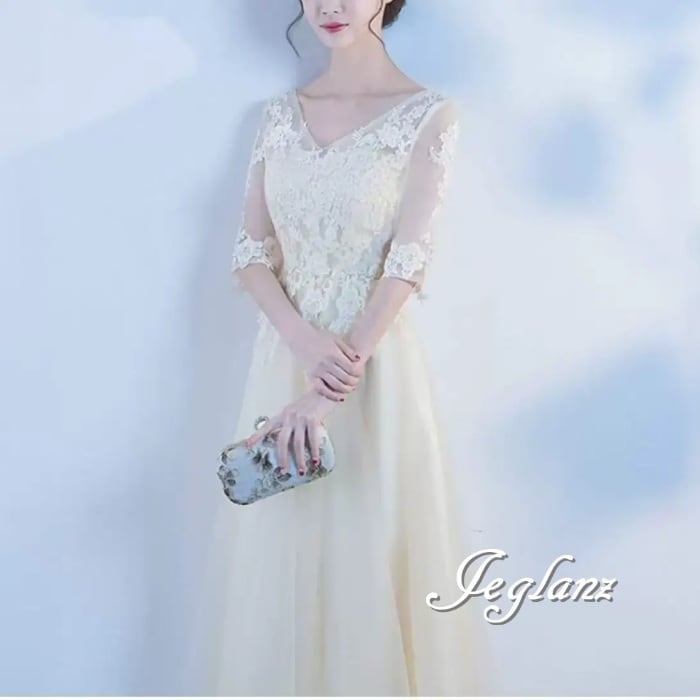 パーティ イブニングドレス チュール 刺繍 レース 編み上げ 7分袖(MA294)ζ