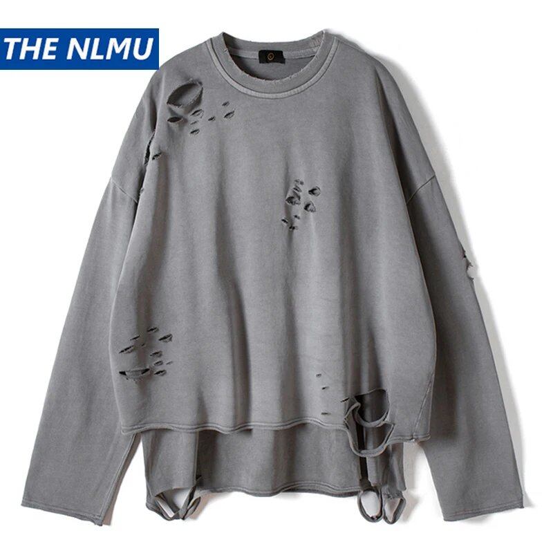 ヒップホップストリートヴィンテージトレーナー 2025 秋クリエイティブユーズド加工破壊リッピング穴プルオーバー綿トップスルーズ WE301