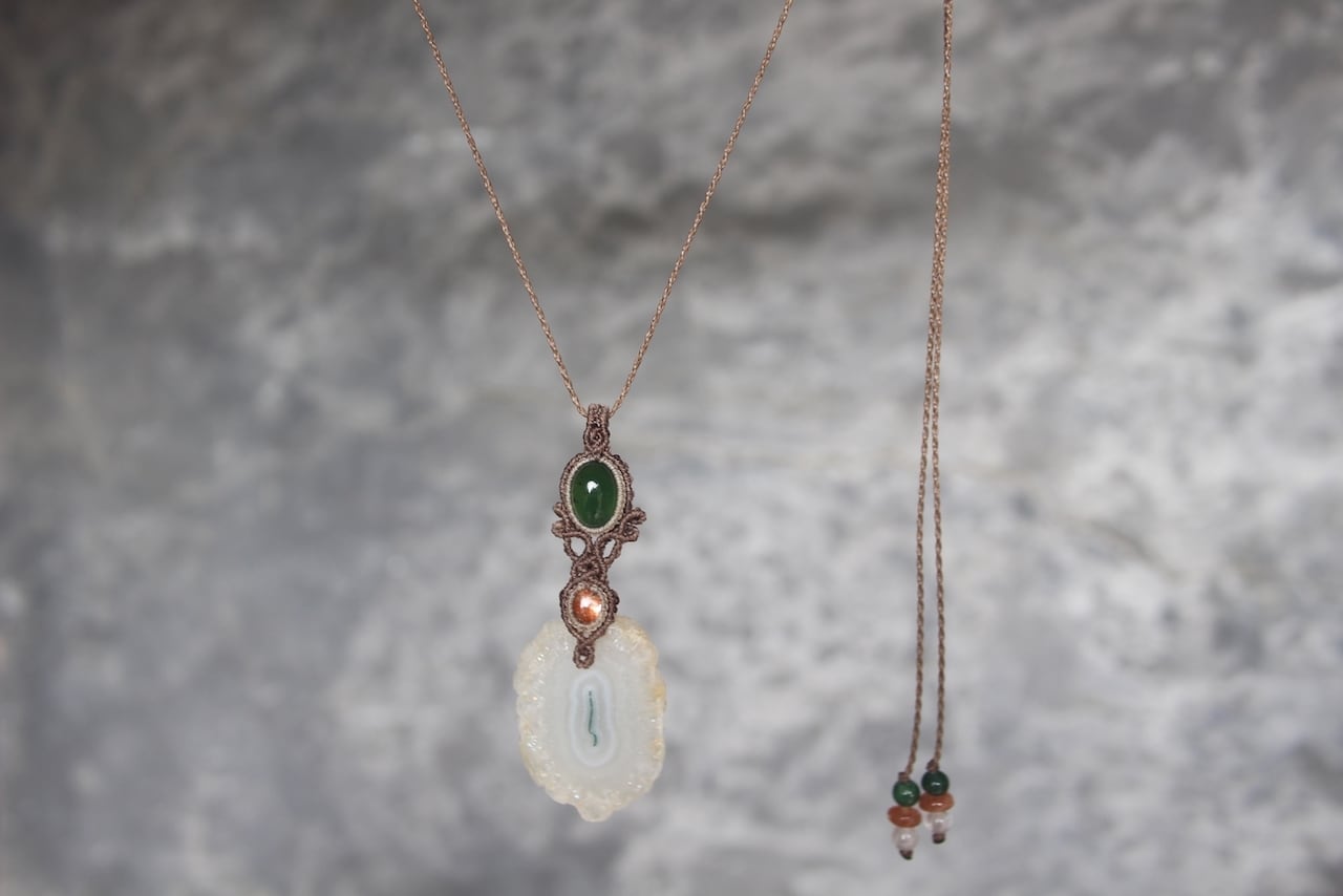 Solar Quartz & Serpentine & Sunstone micro macrame pendant