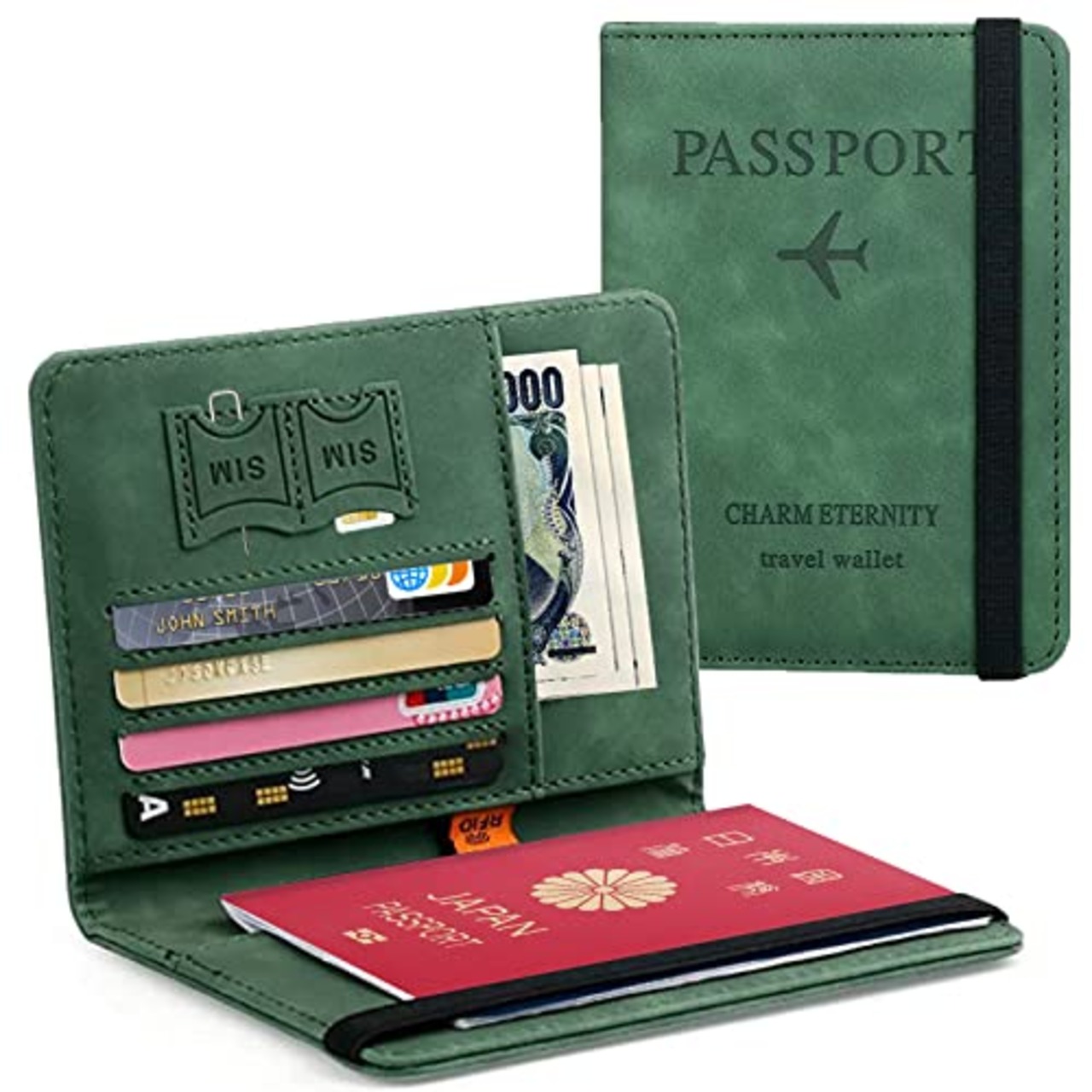 [Hueapion] パスポートケース スキミング防止 パスポートカバー 多機能収納ポケット パスポート カードケース ラベルウォレット 高級PUレザー 軽量 コンパクト おしゃれ 海外旅行 旅行用品 透明パスポートカバー付き (グリーン)