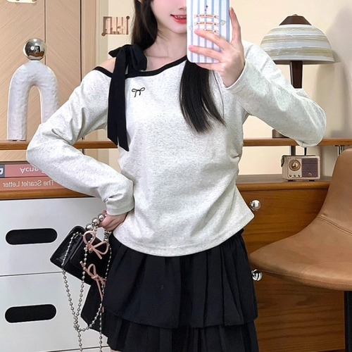 バイカラーアシメオフショルリボントップス ・72675