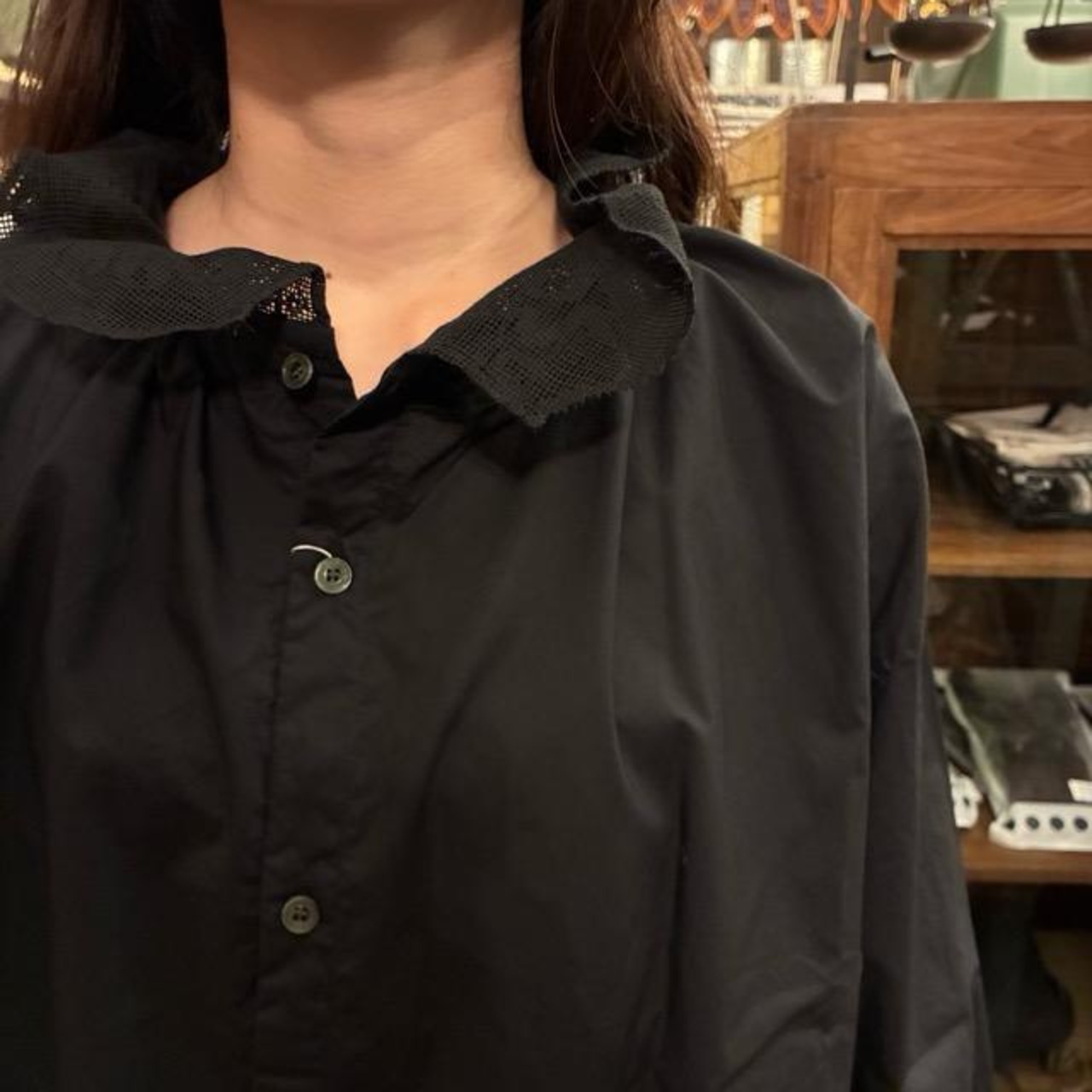 UNIVERSAL SEVEN Natural Typewriter Italian Filet Lace 2-Way Blouse, Black, Long Sleeve, Cotton, Front and Back