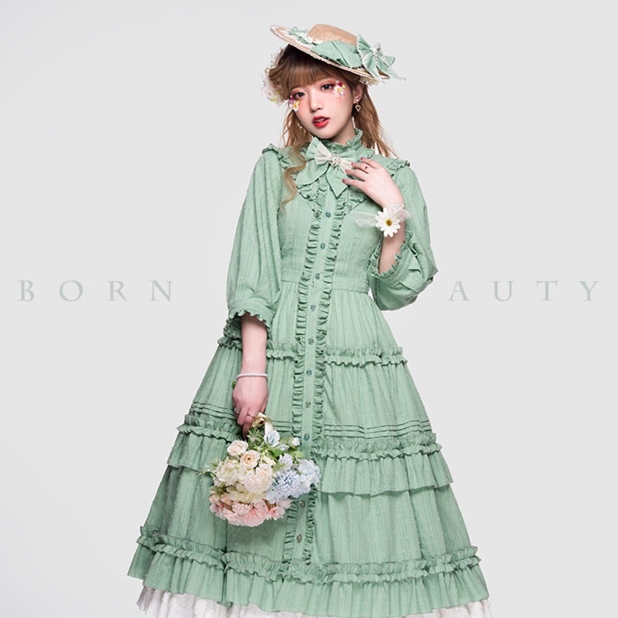 クラシカルロリィタ 前開きフリルティアードロングワンピース(長袖・ハイネック)