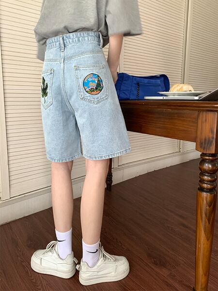 【新作】【送料無料】 女性用ダメージ加工レトロライトカラーデニムショートパンツ夏用薄手刺繍ストレート5分丈パンツハイウエストスリム多目的ミッドパンツ 0353504044680