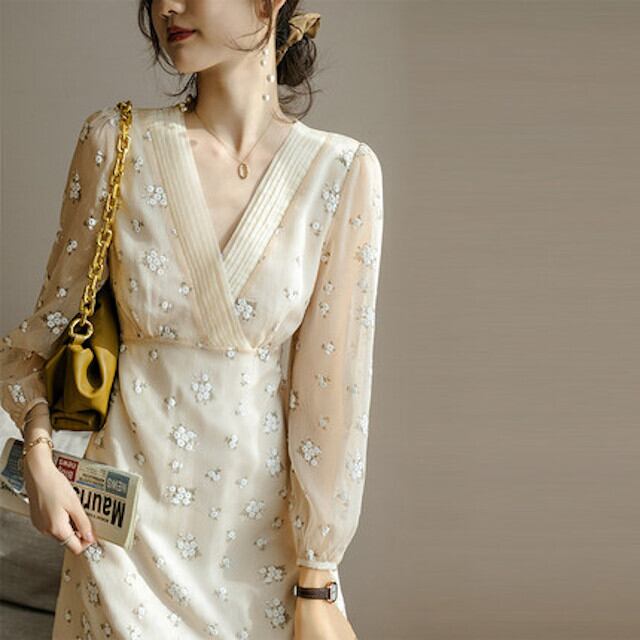 ワンピース レディース ワンピースドレス シフォン シースルー 膝下丈 ロングスリーブ Vネック 春夏 おしゃれ 可愛い 花柄 フラワー アプリコット S/M/L/XL