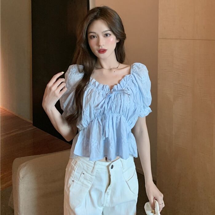 サマースタイルスタンダードショートトップス ハイウェストシャツ レディース レトロ レース 大人ガーリー スウィート キュート カジュアル 夏物 レースアップ ドラファッションホール2300988773