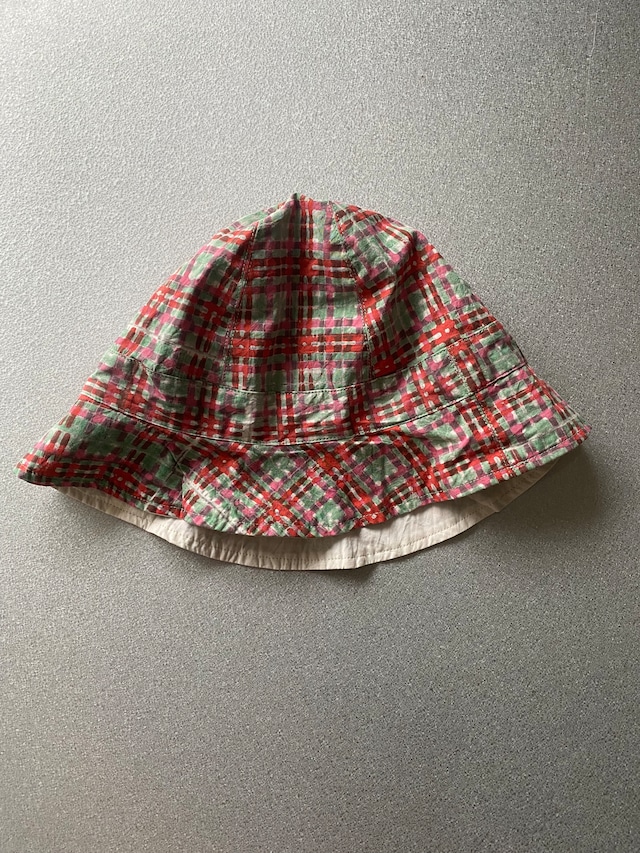 Reversible bucket hat " block print red & green check " organic cotton