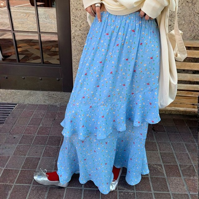 Irregular hem floral long skirt 00587