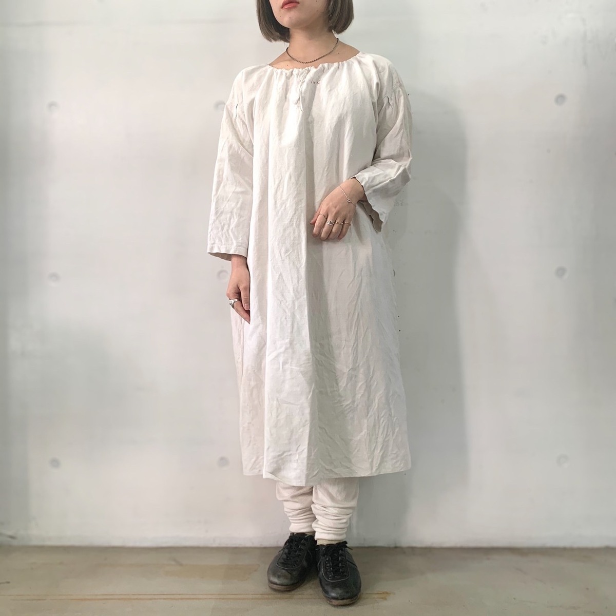 ヨーロッパ古着 FRANCE製 Antique リネン スモック ワンピース 