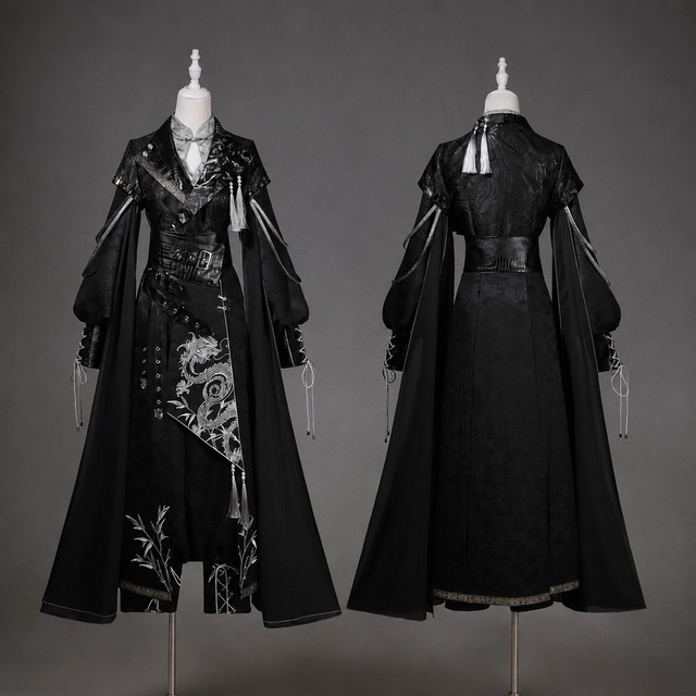 龍影の黒竹夜行 龍刺繍タッセル肩開きロング羽織中華ロリータ4点セット