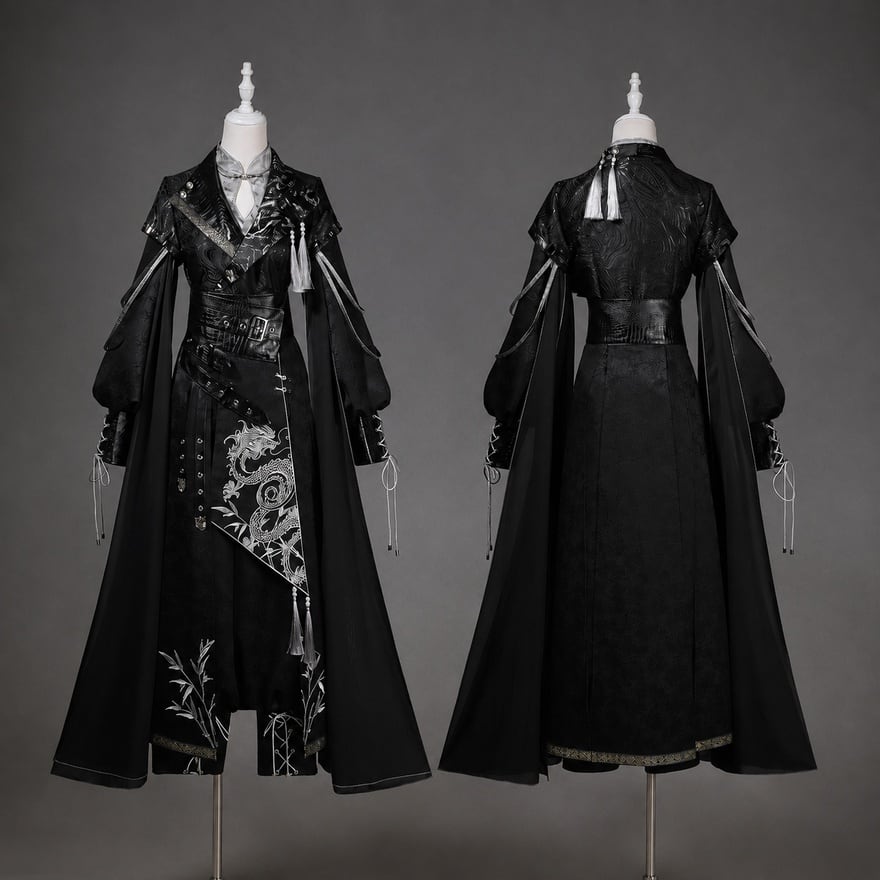 龍影の黒竹夜行 龍刺繍タッセル肩開きロング羽織中華ロリータ4点セット