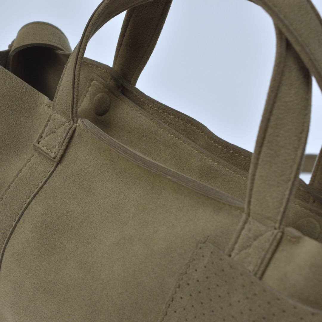 MNNG エムエヌエヌジー スタックトートミニ・オリーブ 東レのウルトラスエードを使った「mononoguもののぐ」のセカンドライン