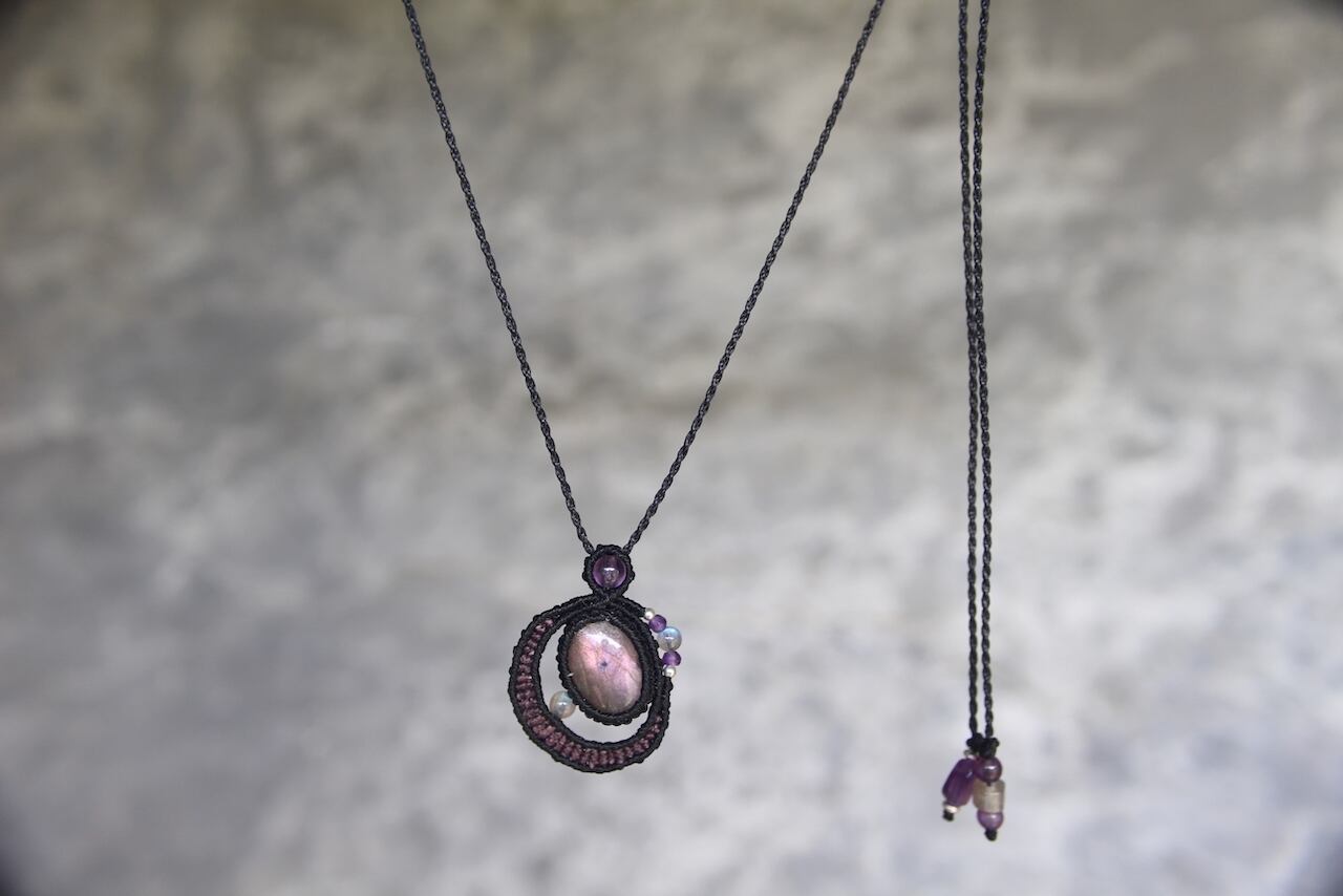 Purple Labradorite micro macrame moon pendant