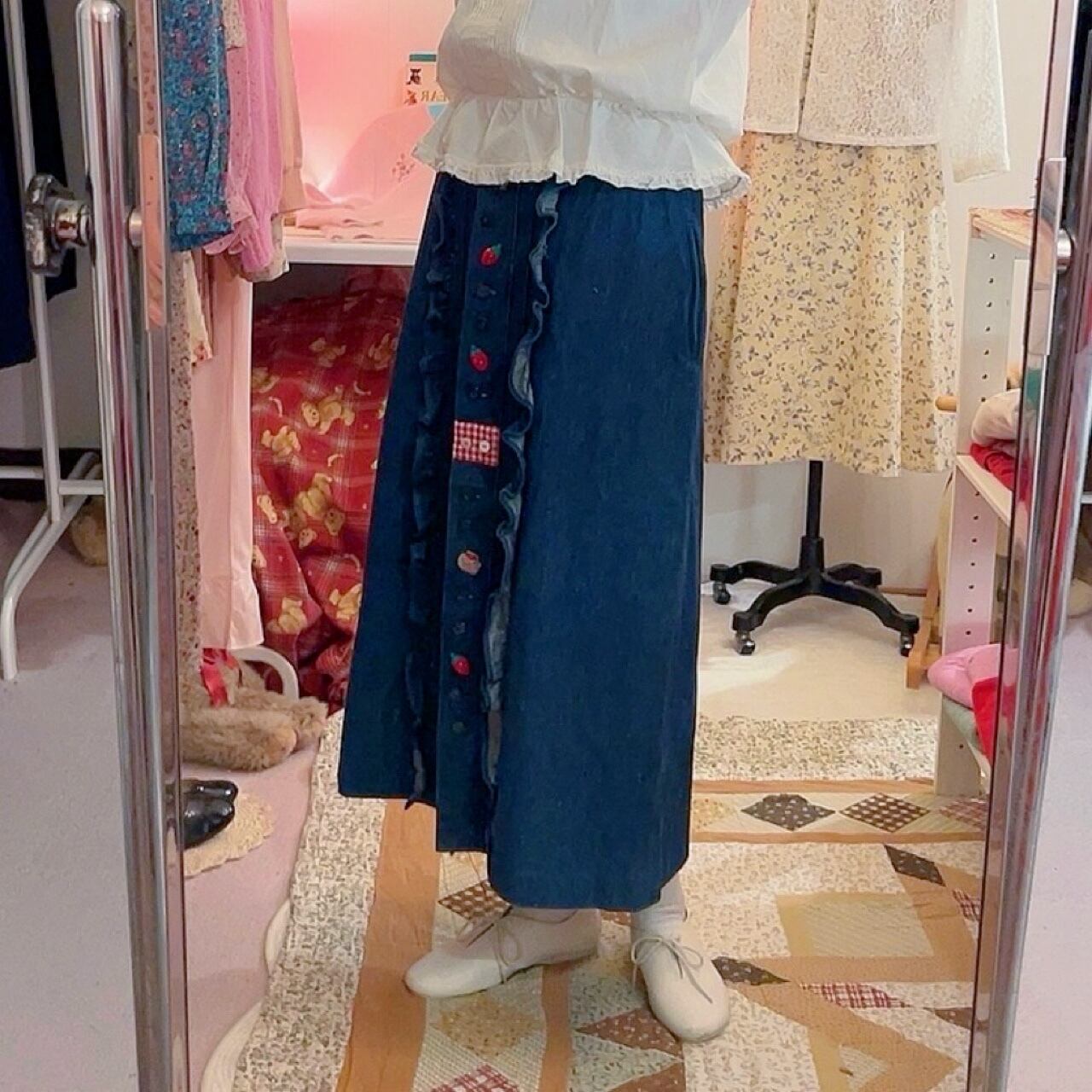 remake ✂︎ strawberry picking denim frill skirt