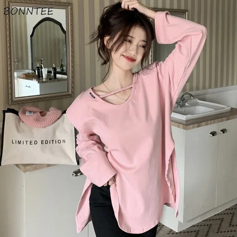 【新作】【送料無料】 長袖 Tシャツ女性厚いインナー秋冬新ルーズ M-4XL サイドスリットトップスレディース BF 甘い原宿日常 O ネックベーシック 0238356305545