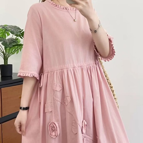 2色/立体花モチーフ刺繍フリル袖ワンピ ・11933