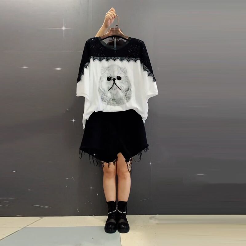 レースショートトップス レディースサマーTシャツ ショーツ 大きめサイズ 夏物 ブルマー ステッチ ミックスインファッション79842949108