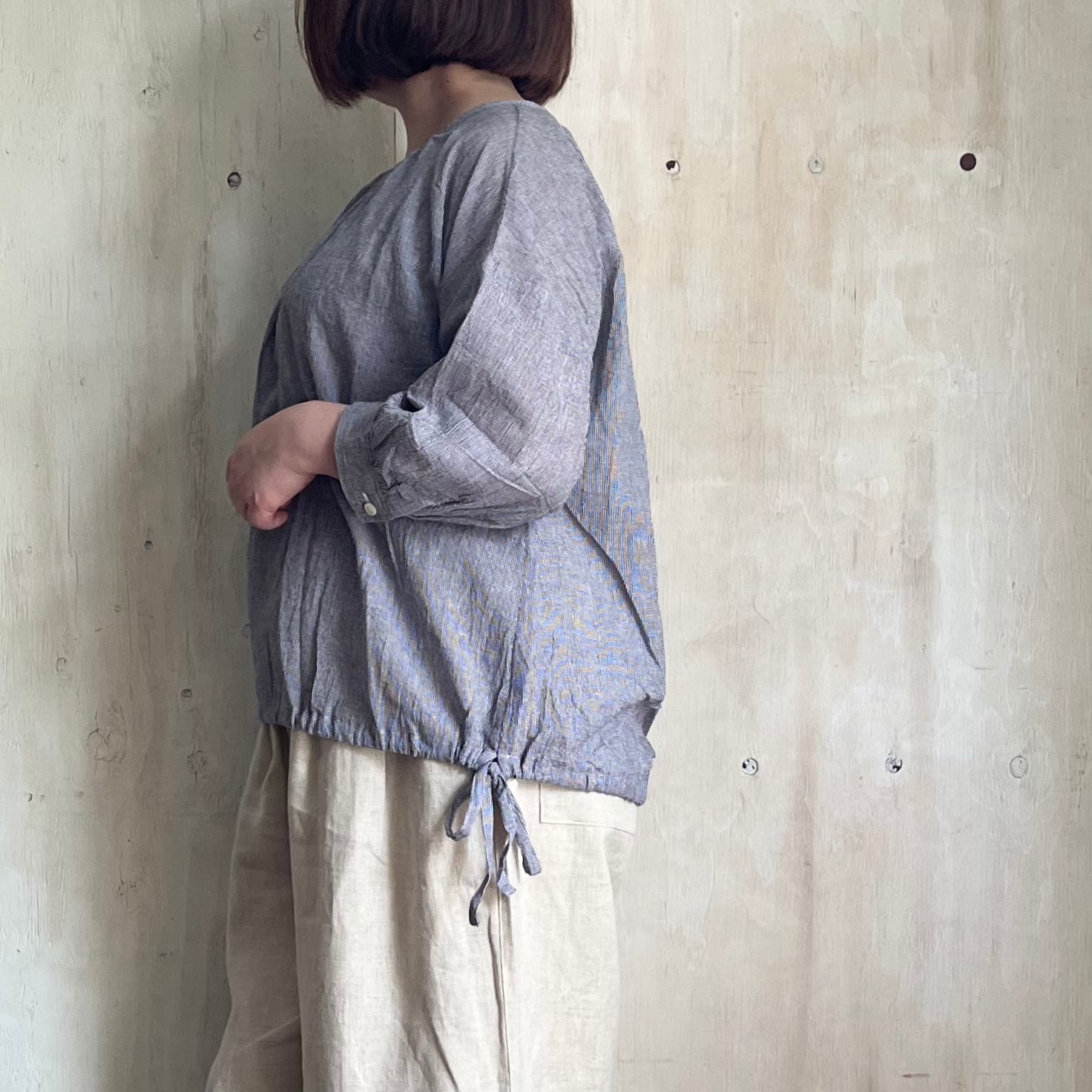 ふんわり裾リボンの綿麻ミジン千鳥 7分袖ブラウス/slone square 825058