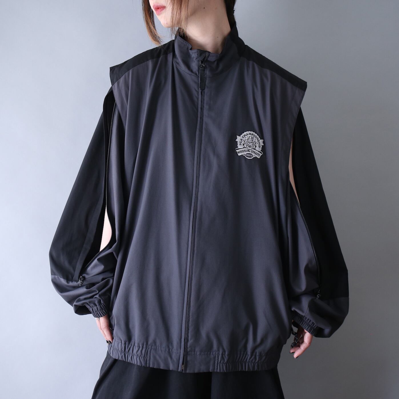 sleeve zip design one point embroidery over silhouette zip-up jacket