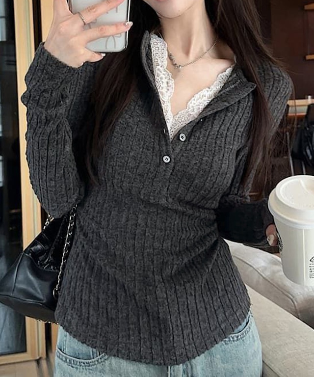 レース付リブニットトップス