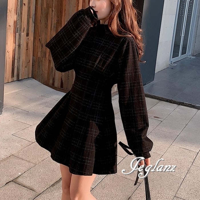 ワンピース ドレス チェック柄 モックネック タック入り フレア ひざ上(M5544)γ