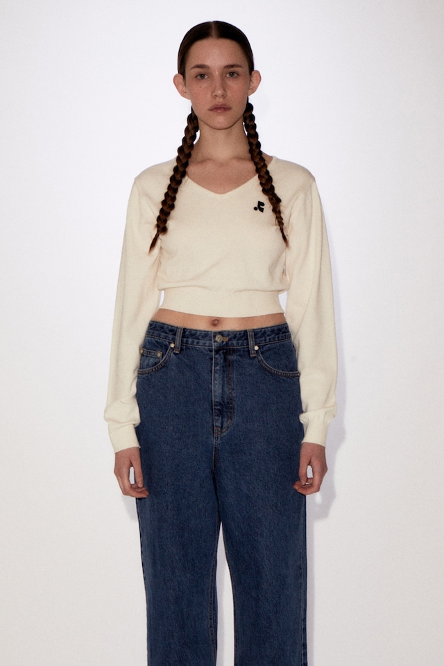 [rest & recreation] RR V NECK CROP KNIT TOP - IVORY 正規品 韓国ブランド 韓国ファッション 韓国代行