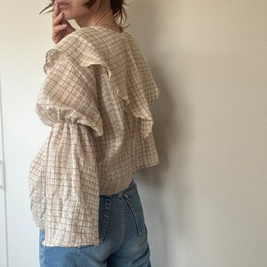 Scarf collar  blouse beige checked