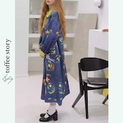 星空の下駆ける鹿:揺れるリボンのネイビーロングワンピース XU0106