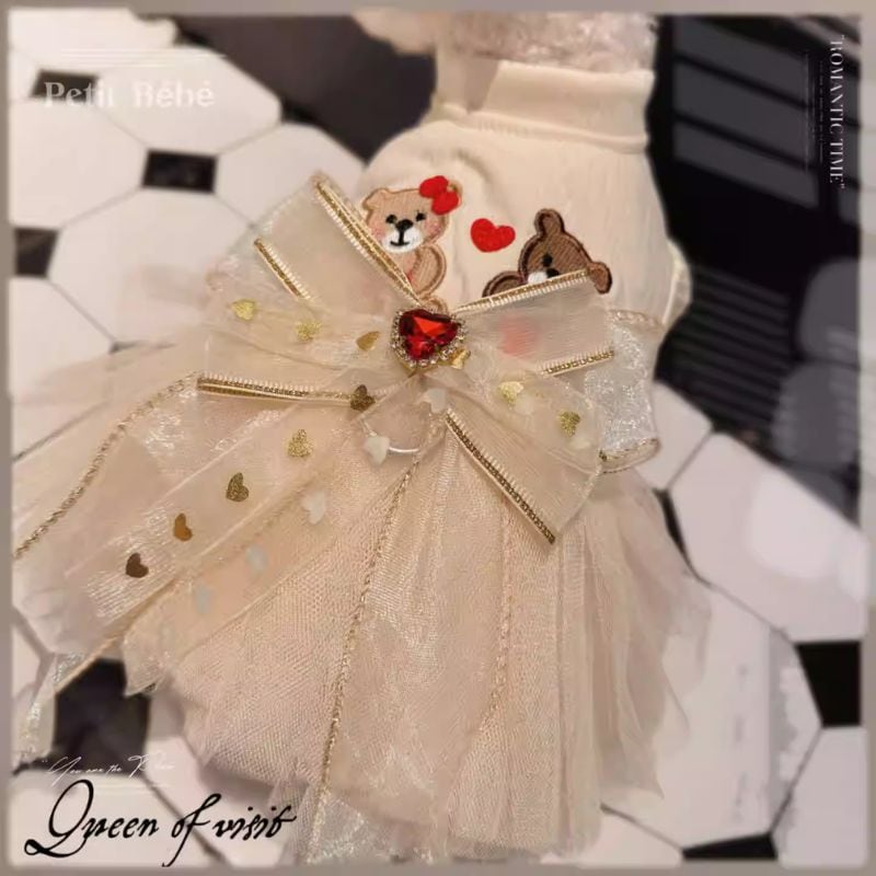 ベアモチーフのチュールスカートドッキングドレス 犬服 01009