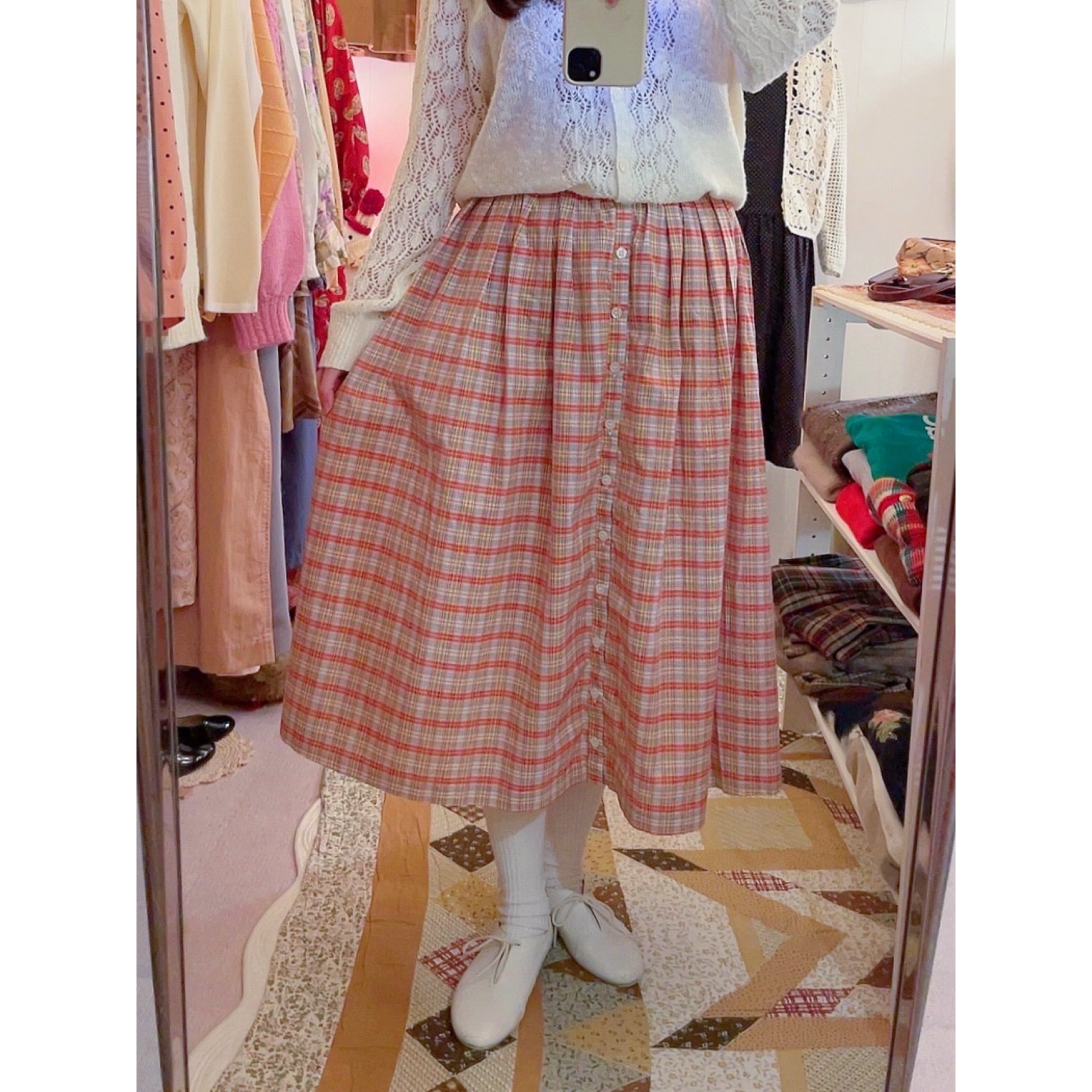 check waist ribbon skirt
