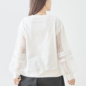 TRUBE パール付き立体イラストガール 長袖レースシアーTシャツ【M~L】ホワイト