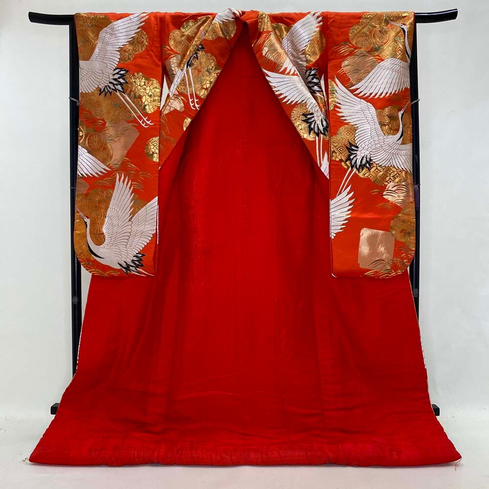色打掛 正絹 鶴 刺繍 金 オレンジ 打掛 花嫁衣裳 婚礼 リサイクル 中古  