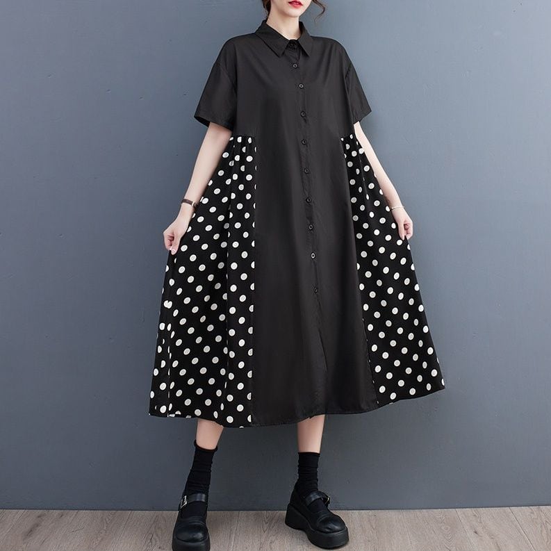 POLKA DOT PRINT CHECKERED MIDI SHIRT DRESS M-18218