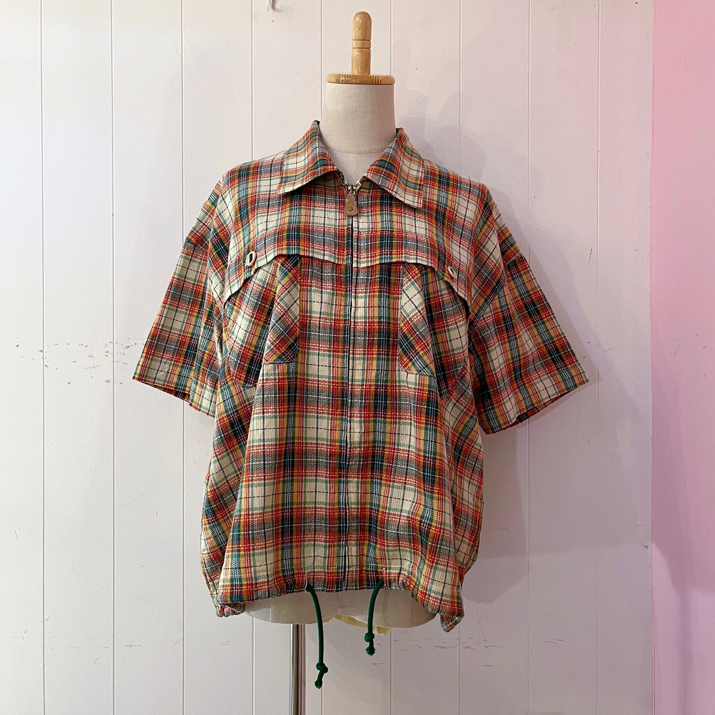green madras check zip-up shirt