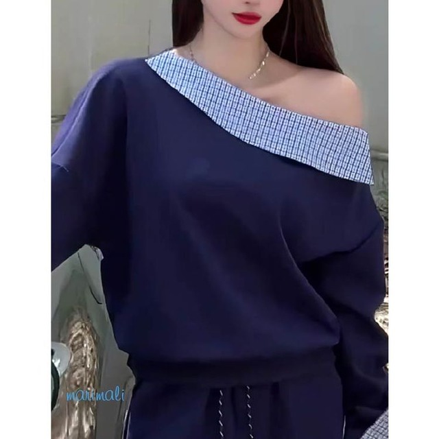 ギンガムチェックカラー オフショルダー トップス 25058