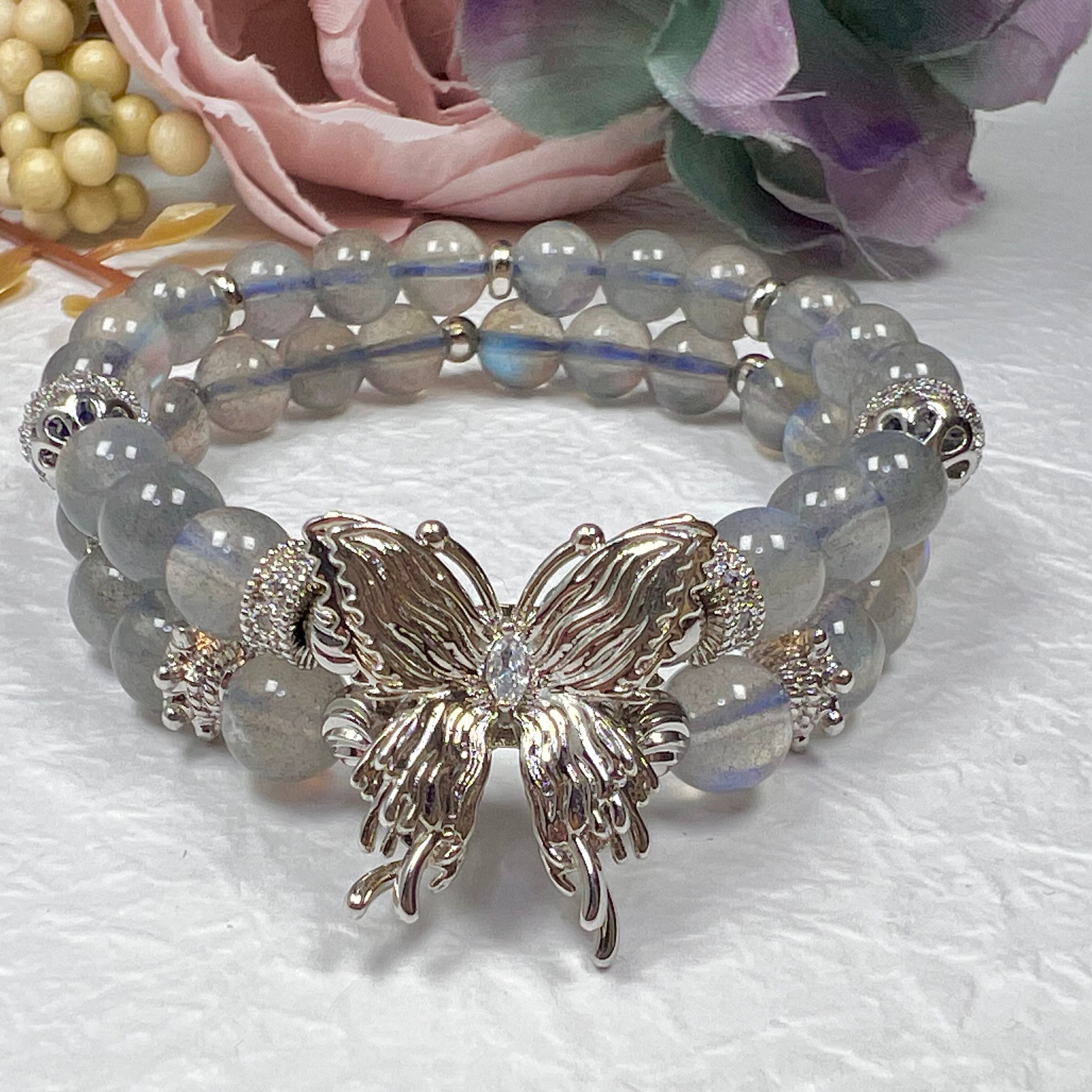 【ラブラドライト 蝶々 2連 ブレスレット】❤︎送料無料❤︎天然石 パワーストーン